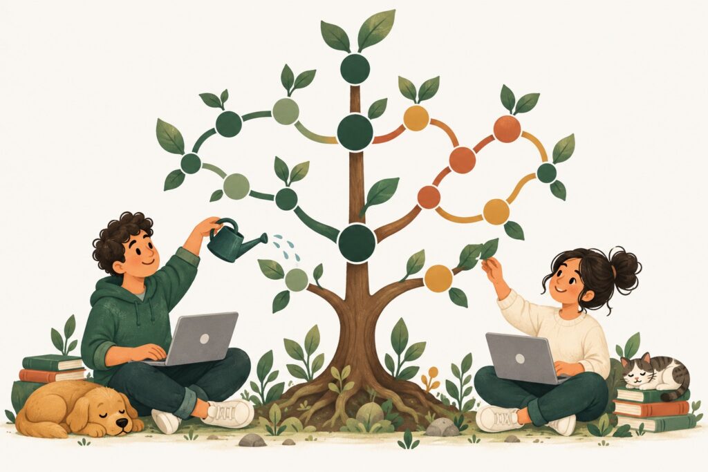 Two collaborators grow a branching tree of saved code changes.
