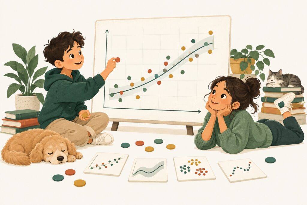 Two learners explore patterns and predictions with colorful data points.