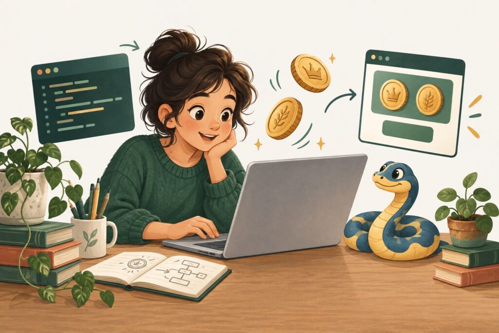 A learner creates a coin flip game with a friendly Python snake nearby.