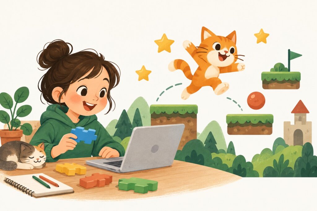 A young creator builds a playful cat platform game with coding blocks.